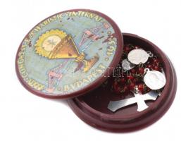 1938 Eucharisztikus Világkongresszus, Szent István év illusztrált bakelit rózsafüzér tartó, a füzérr...