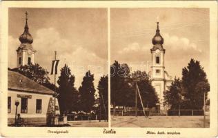 1939 Zselíz, Zeliezovce; Országzászló, Római katolikus templom, népiskola. Laufer Ernő kiadása / church, Hungarian flag, school (fa)