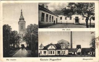 1939 Nagysalló, Tekovské Luzany, Tekovské Sarluhy; Református templom és iskola, Hengermalom / Calvinist church and school, mill (Rb)