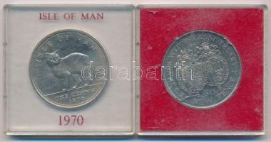 Man-sziget 1970. 1C Cu-Ni "Man-szigeti macska" plasztik tokban + Gibraltár 1972. 25p "Ezüstlakodalom" dísztokban T:1- Isle of Man 1970. 1 Crown Cu-Ni "Manx cat" in plastic case + Gibraltar 1972. 25 Pence "Silver Wedding Anniversary" in plastic case C:AU Krause KM#18, KM# 6