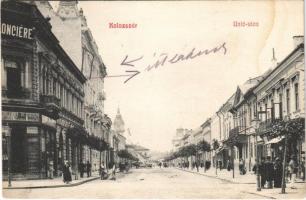 1907 Kolozsvár, Cluj; Unió utca, Fonciere biztosító, Dukesz és Hoffer József özv. üzlete / street, insurance company, shops