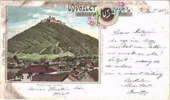 1901 Huszt, Chust; vár és tere. Mermelstein Fülöp kiadása 4127. / castle and square. Floral, litho (EK)