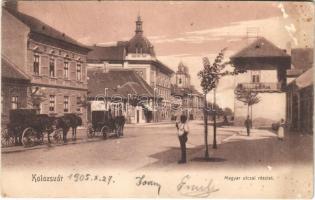 1905 Kolozsvár, Cluj; Magyar utca, lovashintók / street, horse chariots (Rb)