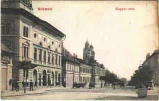 1908 Kolozsvár, Cluj; Magyar utca, árusok, Schuster és Papp László üzlete / street, vendors, shops (fl)