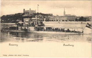 Pozsony, Pressburg, Bratislava; SMS Szamos a Császári és Királyi Haditengerészet monitor típusú hadihajója. Dunaflottilla / K.u.K. Kriegsmarine Donauflottille. Bediene dich allein / SMS Szamos Austro-Hungarian Navy river guard monitor