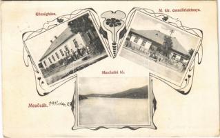 1911 Mezőzáh, Sannendorf, Zau de Campie; Községháza, M. kir. csendőrlaktanya, tó. Reich Sámuel kiadása / town hall, gendarme barracks, lake. Art Nouveau (EK)