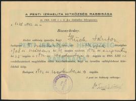 1942 Pesti Izraelita Hitközség Rabbiságának kilépési nyilatkozatának bizonyítványa, Farkas József (1866-1944) páva utcai főrabbi aláírásával.