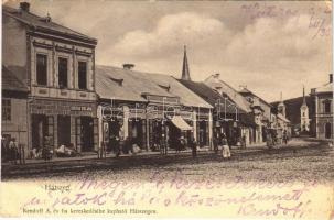 1902 Hátszeg, Hateg; utca, Stefan Sielariu, Schuler, Groszeck Károly üzlete. Kendoff A. kiadása / street view, shops (vágott / cut)