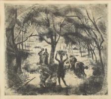 Szőnyi István (1894-1960): Gyümölcsszedők. Rézkarc, papír, jelzett, üvegezett fa keretben, 29×33 cm
