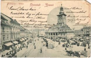 1909 Brassó, Kronstadt, Brasov; Klostergasse u. Rathaus / utca, városháza, piac, Heinrich Tischler, Goldmann üzlete / street view, town hall, market vendors, shops (EM)