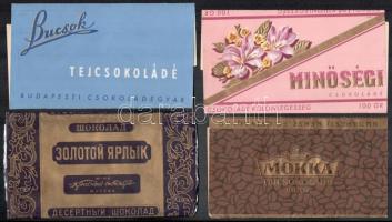 cca 1960 Vegyes csokoládé papír tétel, 4 db, közte 3 db magyar is, 8,5x15,5 cm és 8x14,5 cm közötti méretben