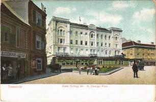 1912 Temesvár, Timisoara; Szent György tér, Leitenbor József üzlete, Takarékpénztár / St. Georgs-Platz / square, shop, savings bank (EK)