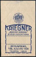Kriegner Magyar Korona Gyógyszertára Budapest receptboríték