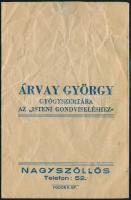 cca 1940 Nagyszőllős, Árvay György Gyógyszertára az Isteni Gondviseléshez papírzacskó, 13x8,5 cm