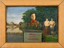 Katonai Emlék 1932-34 Litomerice feliratos emlékkép, feltehetően egy felvidéki magyar katona tárgya a csehszlovák hadseregben eltöltött éveiről. Fotó, olajfesték, karton. Kissé sérült régi fa keretben, 24×34,5 cm