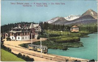 Tátra, Magas-Tátra, Vysoké Tatry; Strbské pleso / Csorba-tó, villamos. Földes Samu kiadása 204. sz. / Csorber-See / lake, tram (vágott / cut)