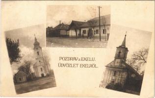 1932 Ekel, Okolicná na Ostrove; templomok, utca, üzlet. Kellner Ignátz kiadása / churches, street view, shop (ázott sarok / wet corner)