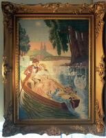 Nagyméretű rendkívül dekoratív régi gobelin díszes, üvegezett keretben 70x90 cm