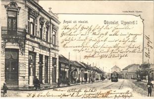 1904 Budapest IV. Újpest, Árpád út, villamos, kávéház, üzletek. Schön Bernát kiadása (EK)