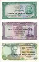 Mozambik 1961. 100E + 1967. 500E + 1972. 1000E fekete BANCO DE MOCAMBIQUE felülbélyegzéssel T:I,I- Mozambique 1961. 100 Escudos + 500 Escudos + 1000 Escudos, all with black BANCO DE MOCAMBIQUE overprint C:UNC,AU