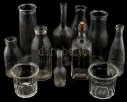 Nagy üveg tétel régi, háború előtti feliratos, sósborszeszes, ásványvizes, tejes és egyéb üvegek