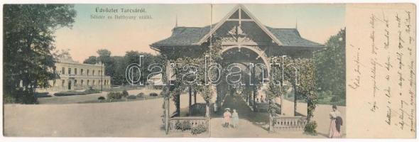 1909 Tarcsa, Tarcsafürdő, Bad Tatzmannsdorf; Sétatér és Batthyány szálloda. Hönigmann Jakab kiadása. kihajtható panorámalap / promenade, hotel, spa. folding panoramacard (hajtásnál szakadt / torn at fold)