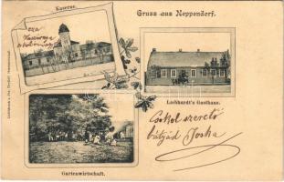 1906 Kistorony, Neppendorf, Turnisor (Nagyszeben, Sibiu); Kaserne, Liebhardts Gasthaus, Gartenwirtschaft / laktanya, Liebhardt vendéglője, kertészet. Lichtdruck v. Jos. Drotleff / K.u.K. military barracks, inn, garden. Art Nouveau, floral (EB)