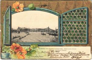 1903 Budapest, Az Eskütér-híd (Erzsébet királyné híd). H. Kampmann dombornyomott Art Nouveau, Emb. litho (EB)