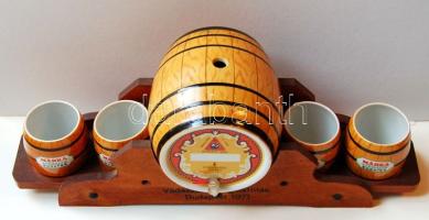 1971 Vadászati Világkiállítás Hollóházi porcelán dísz fa állvánnyal hordó + 4 db pohár