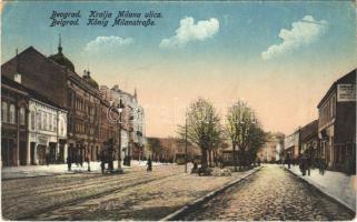 1917 Belgrade, Beograd;  Kralja Milana ulica / König Milanstraße / street view, trams, shops + &quot;K.u.K. Ers. Baon des I.R. No. 37.&quot; (EK)