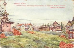 1908 Pustevny, "Obrod Buh!" Turistické útulny "Pohorské jednoty Radhost" na Pustevnich, Bezkydu Radhoste / tourist resort (worn corners)