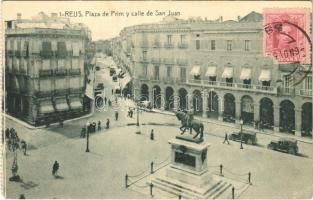 Reus, Plaza de Prim y calle de San Juan / square, Café de Paris, automobiles (from postcard booklet) (EK)