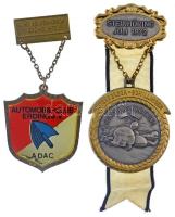 NSZK 1972. "Steinhöring 1972 július - Attenberger-Schillinger Emléktúra" aranyozott, ezüstözött fém jelvény szalagon (102x50mm) + 1973. "4. Nemzetközi Menetelés Erding 1973 - Autó Club Erding" műgyantás Br jelvény "DESCHLER MÜNCHEN 90" gyártói jelzéssel (97x50mm) T:1- FRG 1972. "Steinhöring 1972 Juli - Attenberger-Schillinger Gedächtniswanderung (Memorial Hiking)" gilt, silver plated metal badge with ribbon (102x50mm) + 1973. "4. Int. Volksmarsch (4th International People's March) Erding 1973" Br badge with makers mark "DESCHLER MÜNCHEN 90" (97x50mm) C:AU