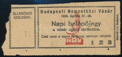 1926 Napi belépőjegy a Budapesti Nemzetközi Vásárra, ellenőrző szelvénnyel