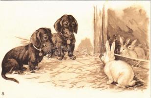 Tacskó és nyuszi. Dombornyomott / Dachshund dogs and rabbit. Raphael Tuck & Sons Art Series 1983. Emb. litho