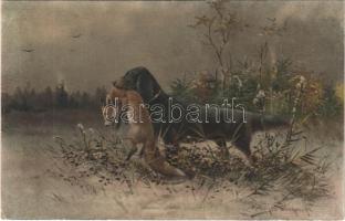 Vadászkutya elejtett rókával / Hunting dog with fox. H.M. & Co. Series 4237. (EK)