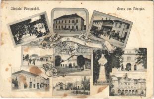 1909 Pöstyén, Piestany; szecessziós mozaiklap vasútállomással. Gipsz H. kiadása / Art Nouveau, floral multi-view postcard with railway station (fl)