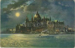 1912 Budapest V. Országház, Parlament este, gőzhajó. Edition Hausner 7002/4. (EK)