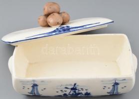 Delft fajansz edény krumplis fedéllel. Máz alatti kék festés, jelzés nélkül, mázkopásokkal. 29x16 cm
