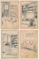 7 db RÉGI kézzel rajzolt képeslap: népi bútorok, folklór. Tábori Postai Levelezőlap / 7 pre-1945 han...