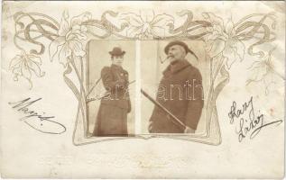 1905 Nagysáró, Nagy-Sáró, Sarovce; vadász pár / hunter couple. Art Nouveau photo (EB)