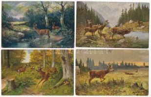 4 db RÉGI vadász motívum képeslap: őzek / 4 pre-1945 hunting motive postcards: deer