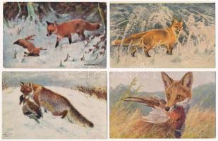 4 db RÉGI vadász motívum képeslap: róka / 4 pre-1945 hunting motive postcards: fox
