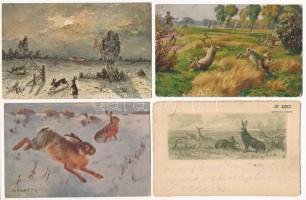 4 db RÉGI vadász motívum képeslap: mezei nyúl / 4 pre-1945 hunting motive postcards: rabbits