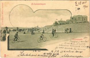 1900 Scheveningen (The Hague), promenade with cycling people (Rb)
