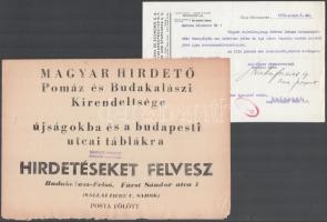 Vegyes okmány és nyomtatvány tétel (számla, levél, hirdetmény, stb.), 13 db