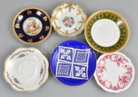 6 db különböző porcelán csésze aljjal, köztük 1 db Zsolnay és 2 db Limoges, matricások és festettek ...