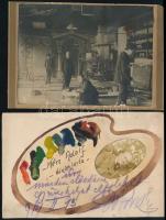 cca 1914 Kéri Adolf díszletfestő 2 db fotója, egyik fotón a műtermében, a másik egy kis portréfotó egy fotólapon, rajta bejegyzéssel, festőpaletta díszítéssel, fotólap, keményhátú fotó, kopásnyomokkal, kis foltokkal, 9x14 cm és 9x13,5 cm