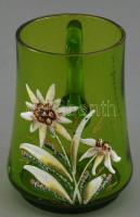 Emlék üvegpohár, plasztikus kézzel festett virágos díszítéssel, apró csorbával, kopásokkal. m: 7,5 cm