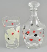 Kártya mintás üveg, üvegdugóval + pohár. Formába öntött, matricás, hibátlan m: 18 cm, 11,5 cm